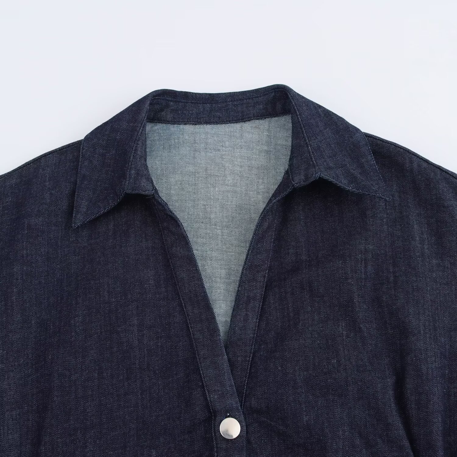 ETJ 2025 Frühjahr Neues Denim-MIDI-Kleid der 1975-Serie mit Revers und seitlichem Reißverschluss, modisches, schlankes, elegantes Kleid mit Faltenbund