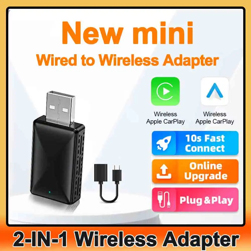 2in1 Wireless CarPlay Android Auto Adapter Wired to Wireless Mini Car Ai Box for Audi Toyota VW Peugeot