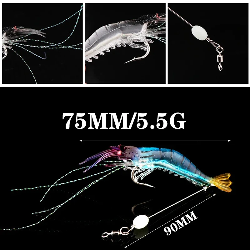 Señuelos de pesca suaves y luminosos, cebo con forma flotante de camarón falso, camarones artificiales biónicos con anzuelo, aparejos de pesca, 1 ud.