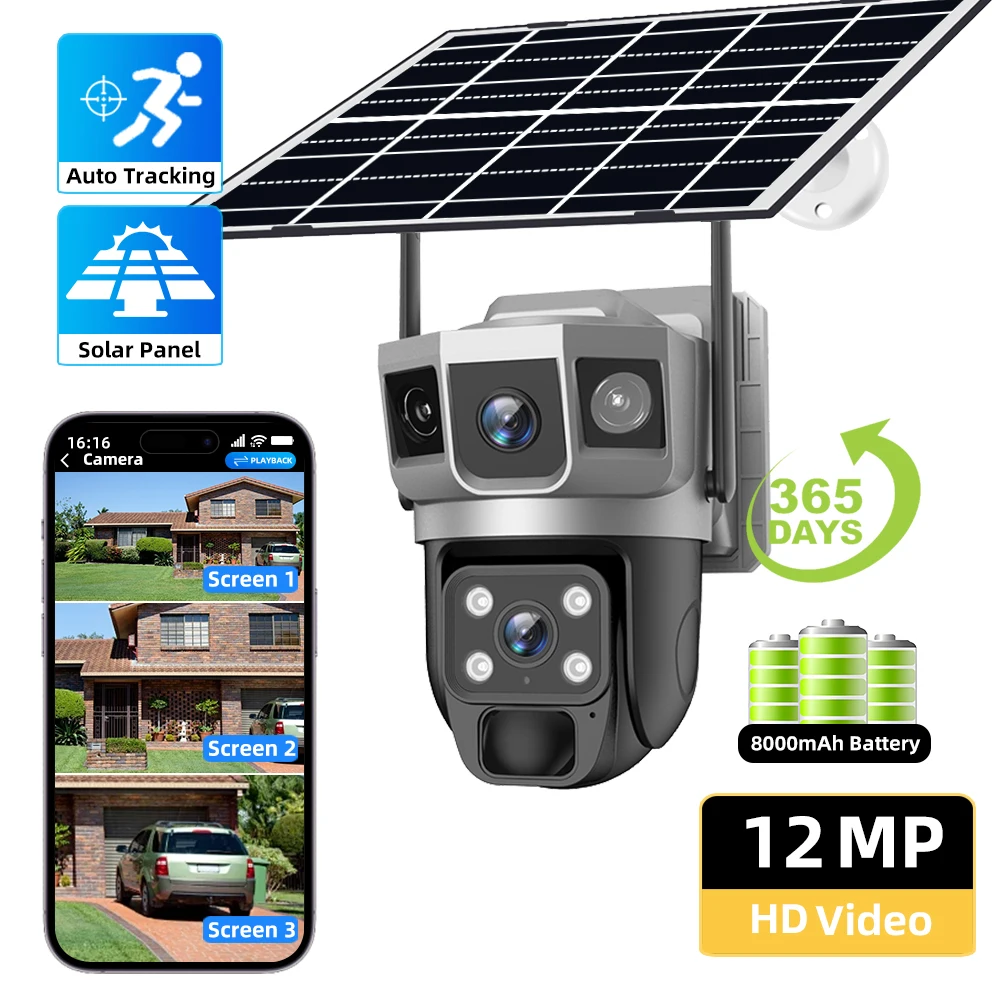V380 Pro 12MP Solar 4G SIM Kamera Sicherheit CCTV Drei Bildschirm Auto Tracking Outdoor wasserdichte 6K Überwachung WIFI PTZ Kamera