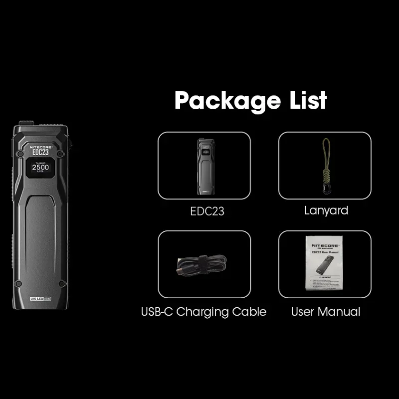 NITECORE EDC23 linterna EDC ultradelgada 2500 lúmenes USB-C recargable de bolsillo pequeña luz táctica Troch batería de iones de litio incorporada