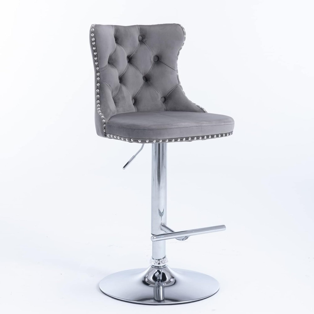 Velvet Swivel Bar Stools Upholstered Bar Stool with Button Tufted Back and Pull Ring Height Adjustable Barstools  for Home Pub