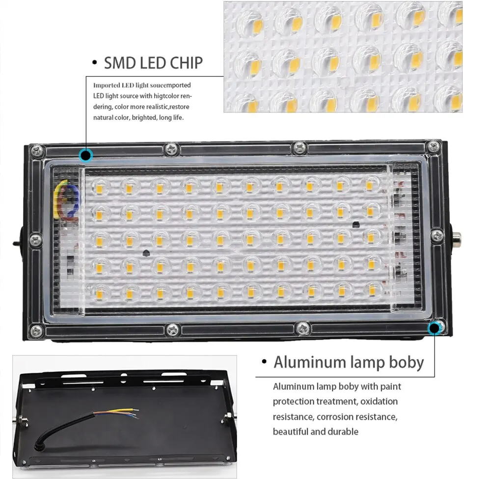 Luz de inundação impermeável ao ar livre, projetor refletor, foco spotlight, ip65, 50w, 220v, 240v