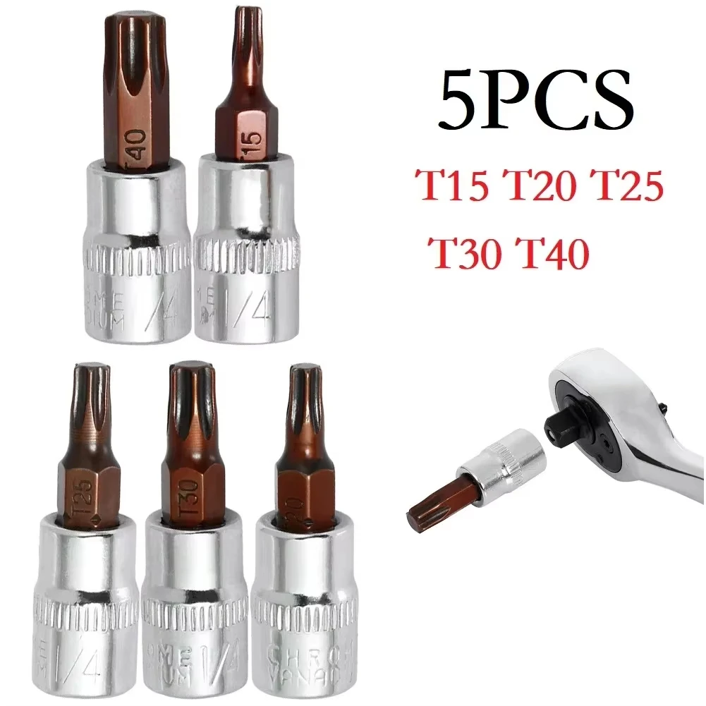 Puntas de destornillador Torx de 5 uds., herramientas de cabezal de vaso de accionamiento de 1/4 pulgadas T15 T20 T25 T30 T40, adaptador de llave de tubo, herramientas manuales