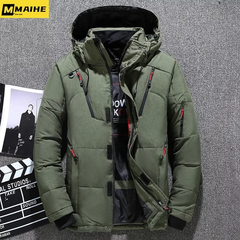แจ็กเก็ตขนห่านสำหรับใส่กลางแจ้งหรูหราสำหรับฤดูหนาวเสื้อคลุมขนเป็ดหนาเสื้อขนเป็ดมีฮู้ดสีพื้นอบอุ่นสำหรับผู้ชายแจ็คเก็ตขนเป็ด2024
