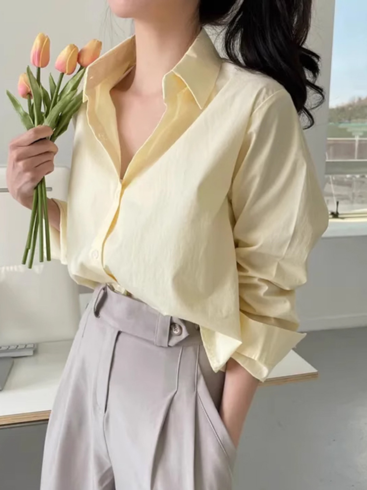 White Short Sleeveless Polo Collar Shirt for Women Spring Autumn Loose Fit Korean Sle Long Sleeve Single Button Ladies Top