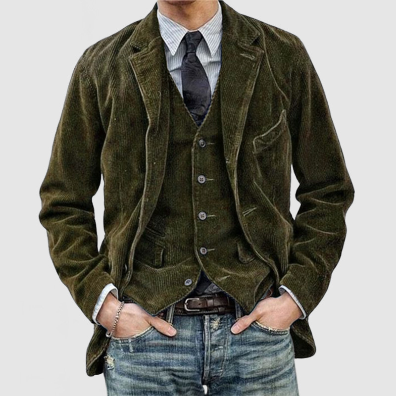 Neue Herbst-Herrenbekleidung. Einfarbiger Cordanzug. Modische Freizeitjacke mit Anzugkragen für europäische und amerikanische Herren.
