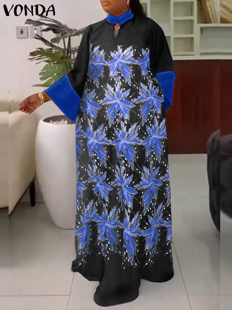 Vonda-女性のためのヴィンテージマキシドレス,フレアスリーブ,ボヘミアンスタイル,スタンドカラー,カジュアル,夏,5xl,2024