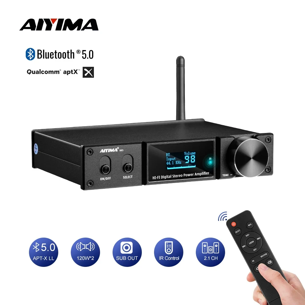 AIYIMA D05 Bluetooth 5,0 amplificador de potencia 120Wx2 amplificador de sonido Subwoofer USB DAC OLED APTX 2,1, cine en casa