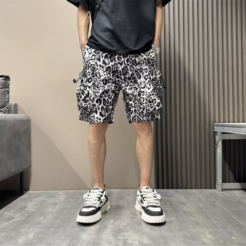 ผู้ชายเสือดาวพิมพ์กางเกงขาสั้นกีฬาสั้นกางเกงฤดูร้อน Patchwork Sweatpants High Street กางเกงขาสั้นคุณภาพสูงกางเกงขาสั้นแห้งเร็ว