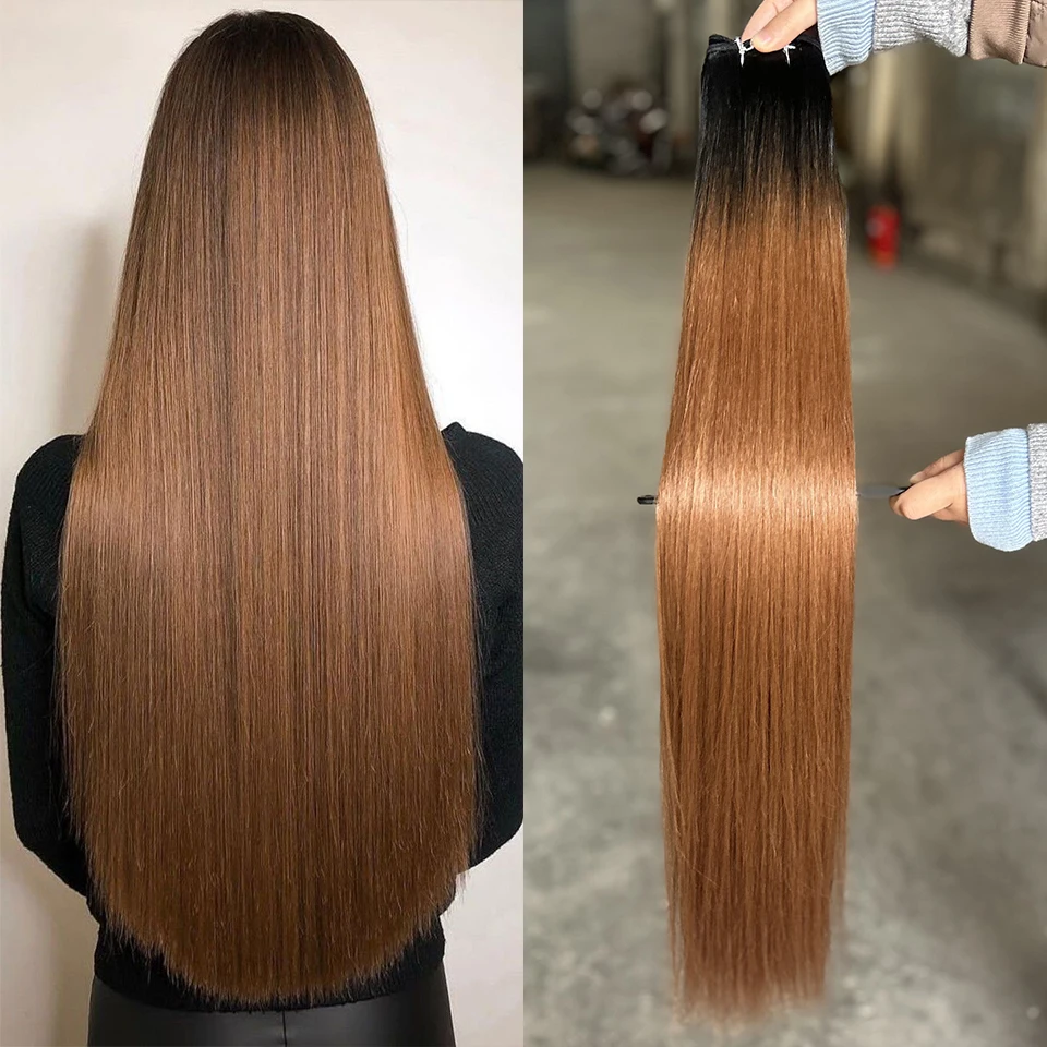 Extensions de cheveux raides os Bio Extensions de cheveux queue de cheval couleur marron synthétique Yaki cheveux raides tissage complet jusqu'au bout