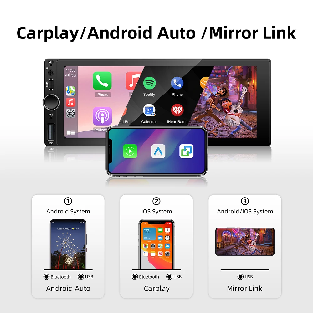 Anyfar 6.86 "1280*480 1 din mp5 player rádio do carro sem fio carplay android auto multimídia player 1din fm rádio automático estéreo