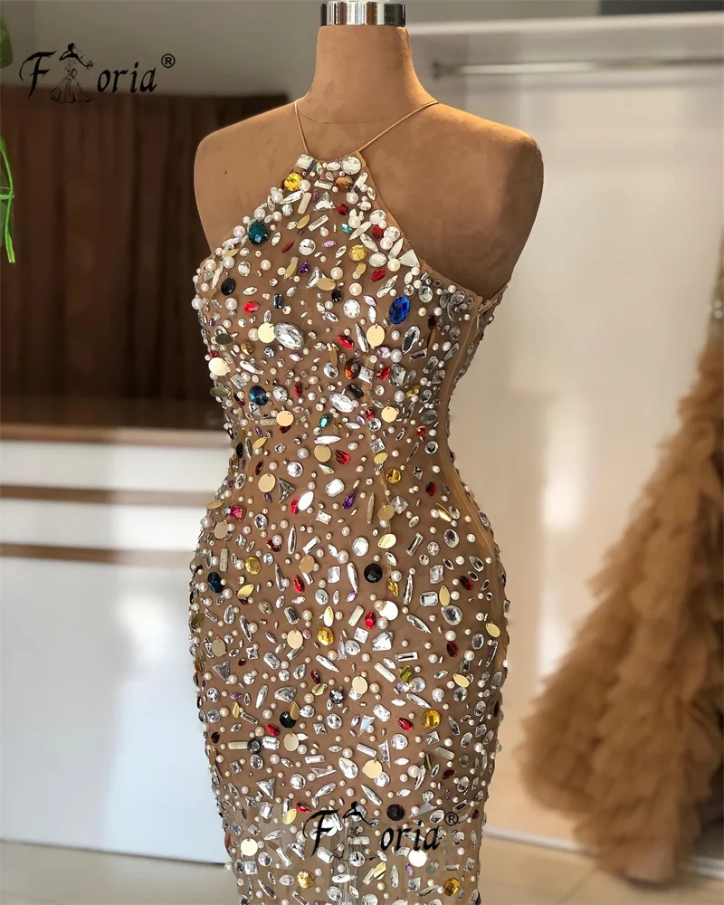 Luxus Arabisch durchsichtig Abendkleid Meerjungfrau Halfter Kristall perlen mit mehrfarbigen Robe Soiree Femmes Schlitz roten Teppich Kleider