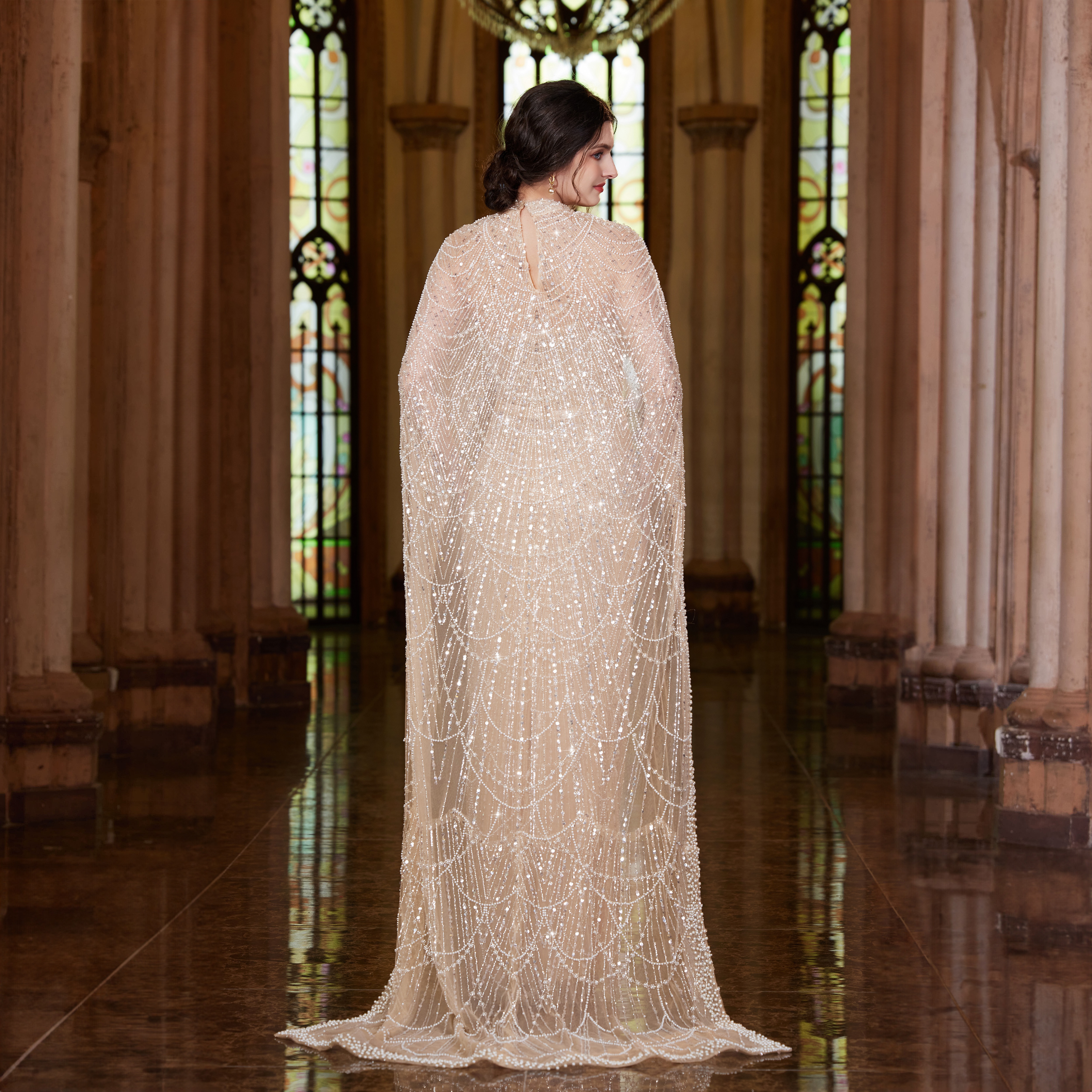 Alice CollectionPro Dubai Arabisch Champagner Langes Abendkleid 2024, Damen-Abschlussball-Abendkleider, Kleid mit Umhang, luxuriös, individuell gestaltet