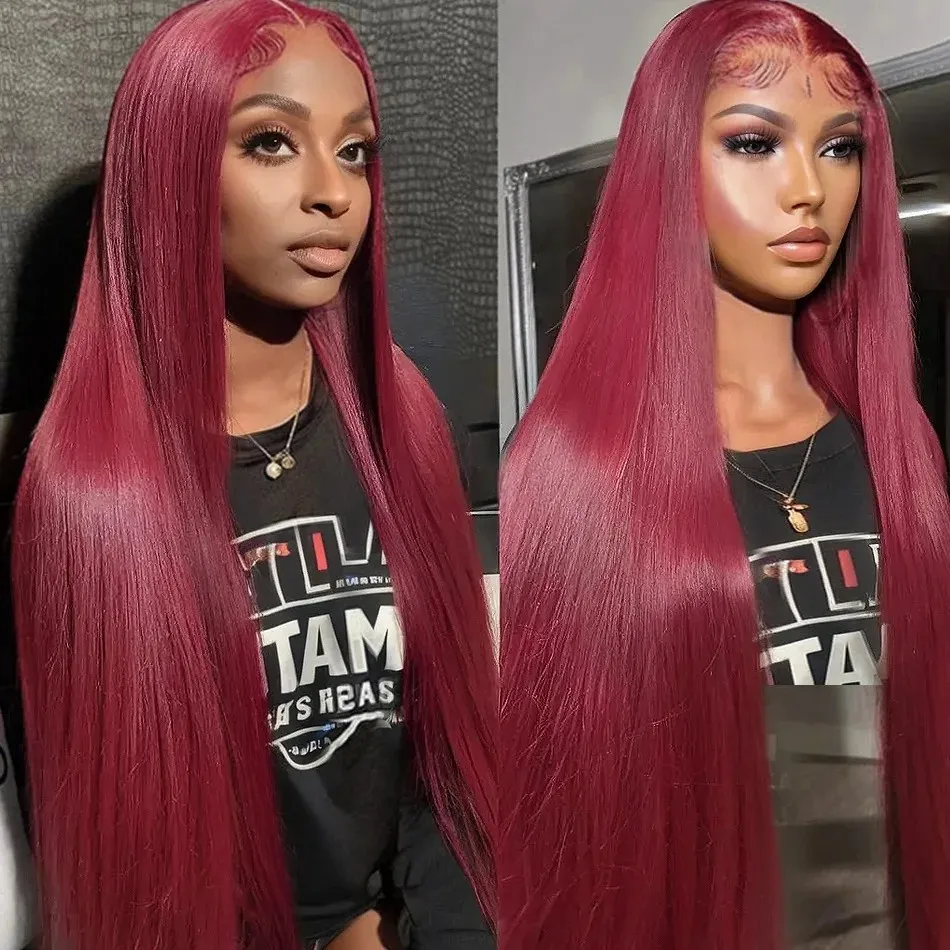 30 Polegada borgonha osso em linha reta 99j colorido 13x4 peruca dianteira do laço cabelo humano 13x6 hd perucas frontais do laço transparente para mulher