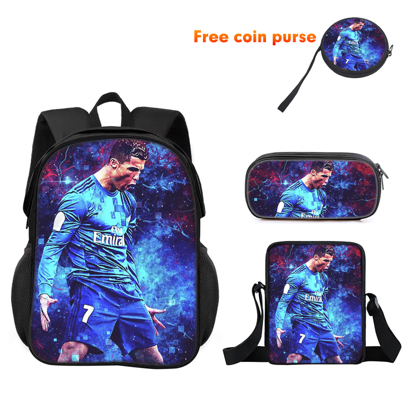 Ronaldo 3Pcs 세트 학교 배낭, 스포츠 어깨 가방, 연필 가방 CR 배낭, 소년 소녀를위한 축구 스타 만화 학교 가방
