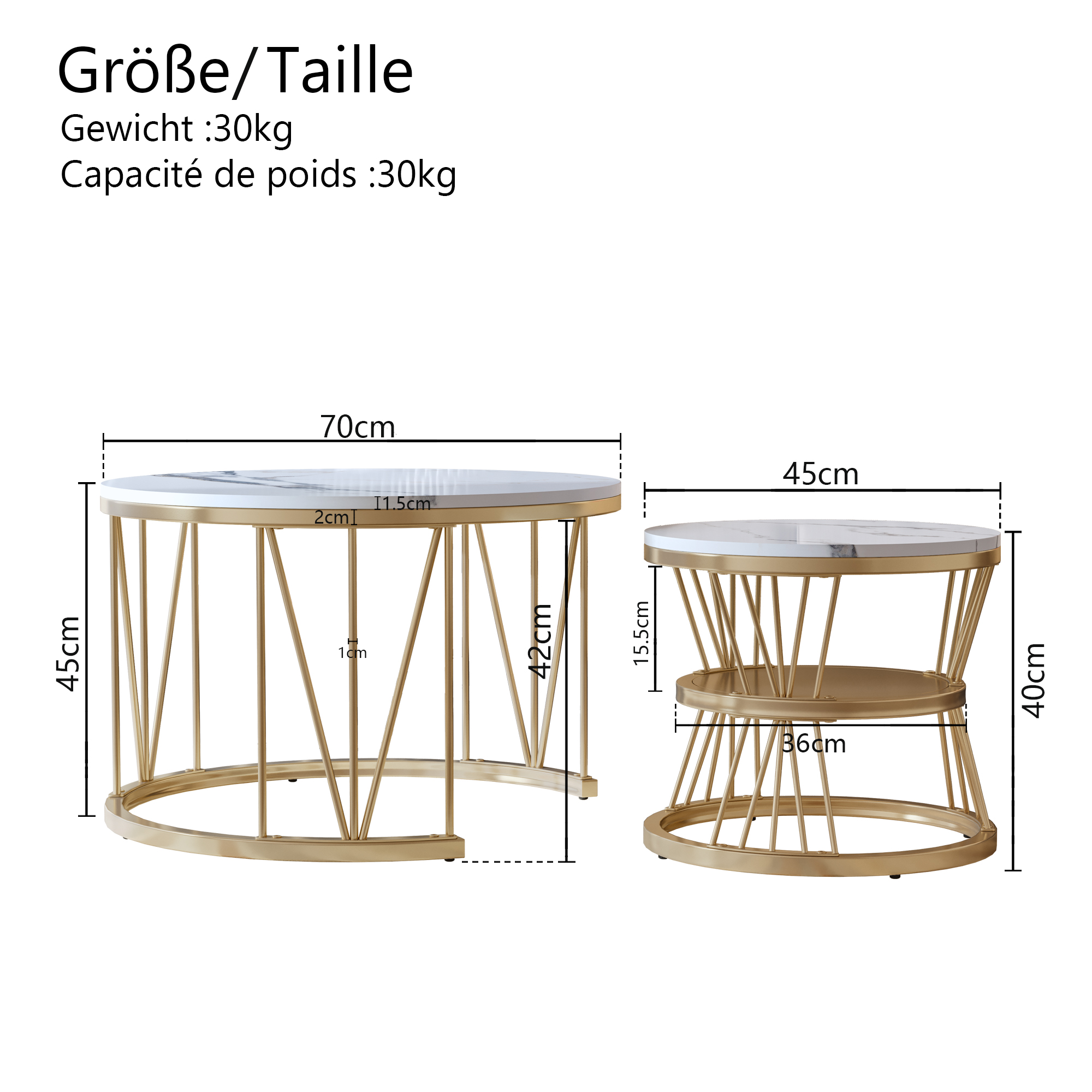 Table basse ronde moderne, 2 pièces, tables gigognes, Table de salon avec cadre en métal et Table d'appoint en placage de marbre