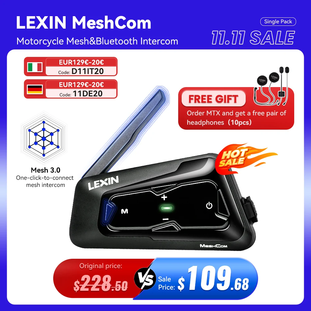 LEXIN-MeshCom Мотоциклетная гарнитура MESH и Bluetooth, домофон, с сетчатой системой связи, параллельным аудиодомофоном, 24 гонщиками