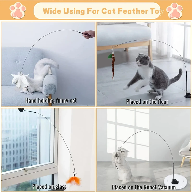 Kattenveerspeelgoed Teaser Feather Wand Interactief speelgoed Kattenspeelgoed met superzuignap Verwijderbaar 3PCS Feather Vervangingsspeelgoed