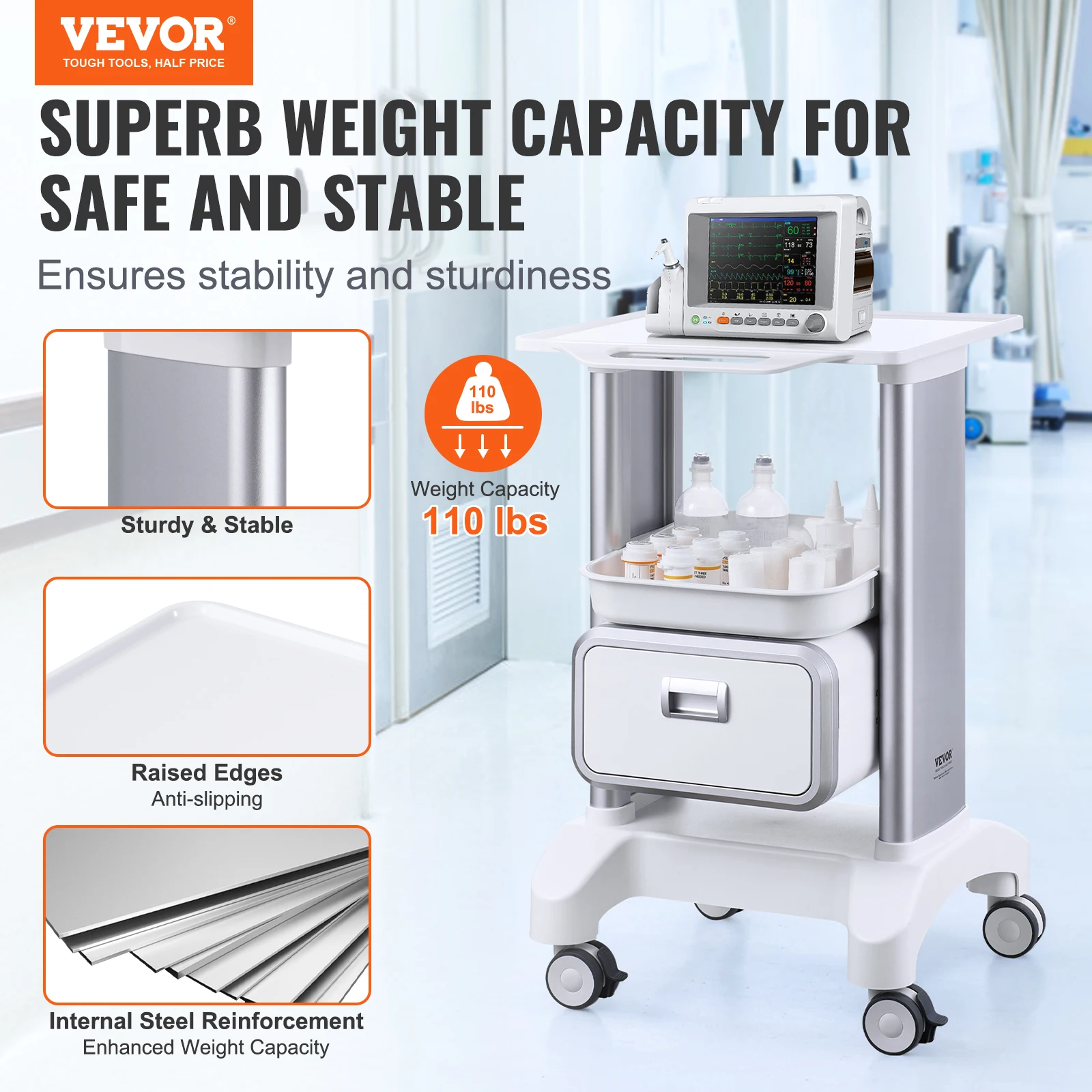 VEVOR 2 Tiers Lab Carts Lab Utility Cart Mobile Medical with ABS Material Lab Rolling Cart for Lab Clinic Hospital Salon