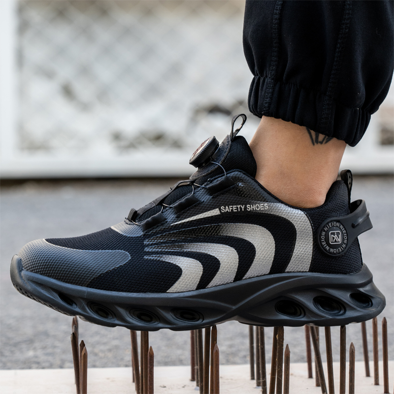 Fivela rotativa tênis de trabalho sapatos de proteção sapatos de segurança leves à prova de punctura anti-esmagamento sapatos de dedo do pé de aço botas de trabalho masculino