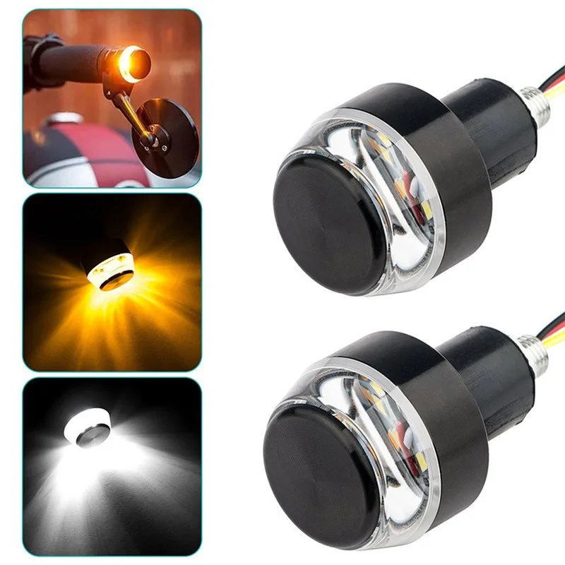 Sinal de volta da motocicleta led luz alça barra final 22mm ajuste universal à prova vibração branco amarelo dupla cor indicador pisca