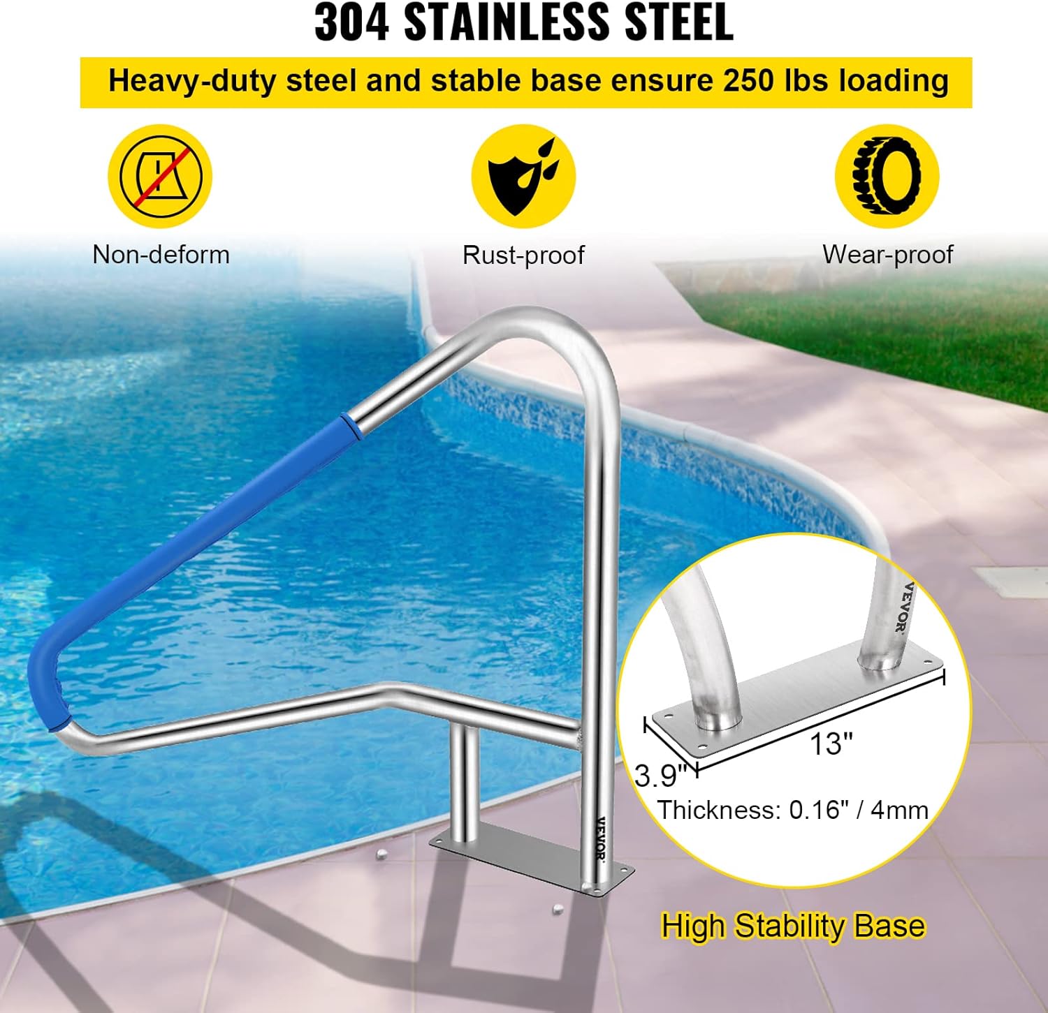Pool Rail 55x32 Pool Railing 304 Stainless Steel 250LBS Load Capacity Silver Rustproof Pool Handrail Humanized Swimming
