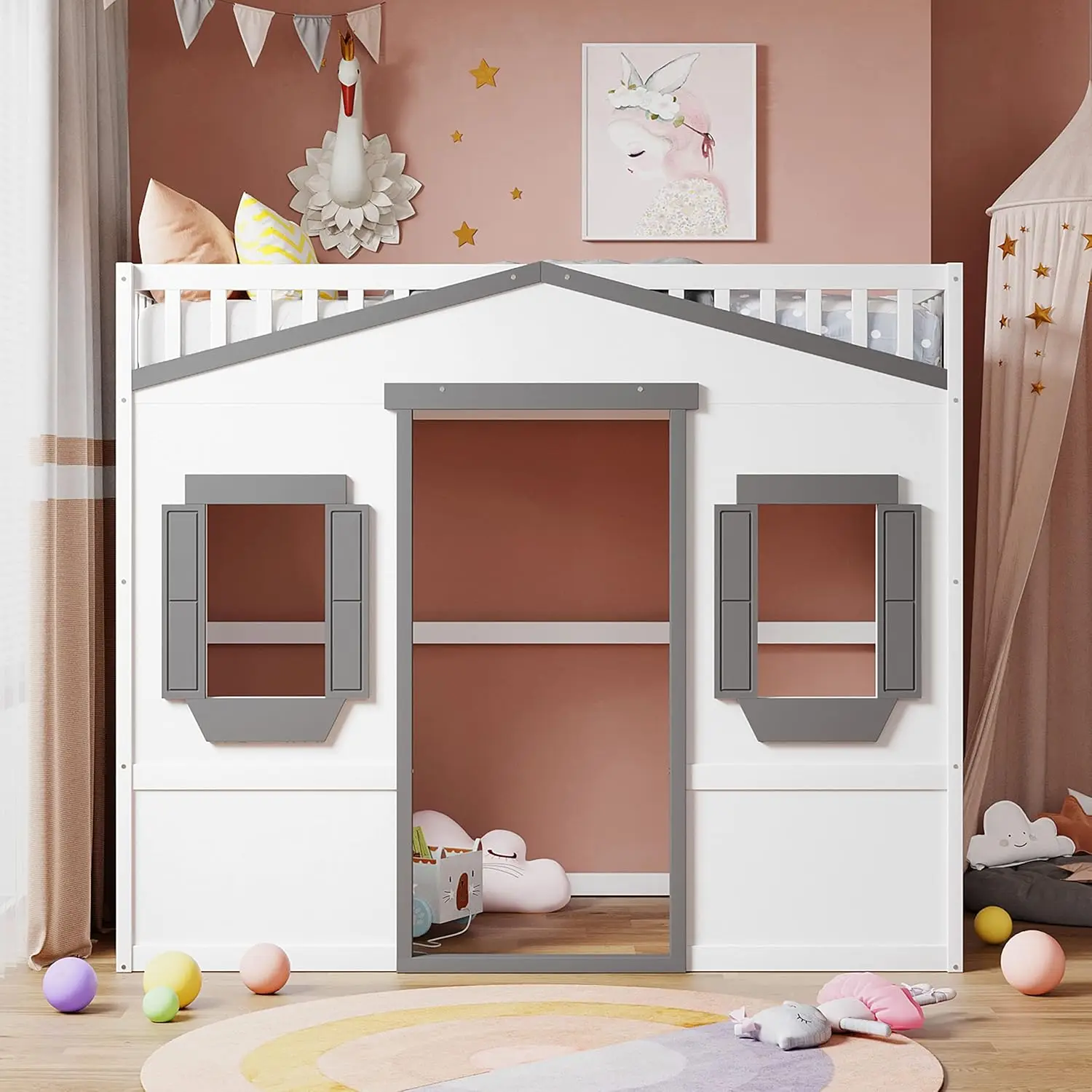 Kids Full Size Loft Bed Playhouse Design Window Ladder White Gray Solid Wood Frame Safety Space Saving Easy Assembly(Item Weight