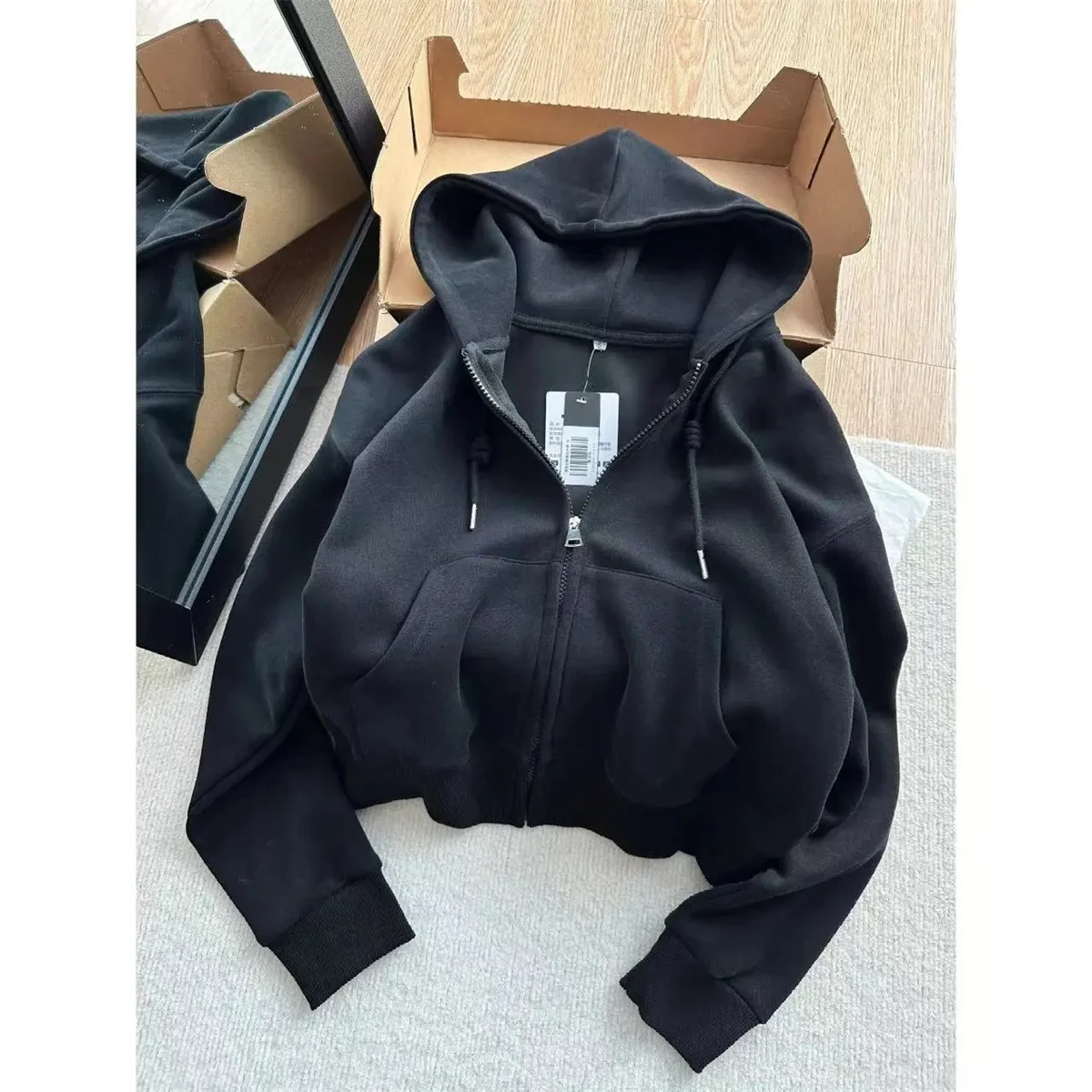 Início do outono chique casual jaquetas com capuz fino ajuste manga longa recortada superior zip-up quente cardigan estilo coreano moletom com capuz