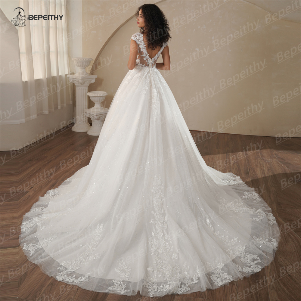 BEPEITHY Customized Cap Sleeves Bride Ivory Wedding Dresses For Women 2025 Court Train Lace Glitter Sexy Backless Bridal Gown
