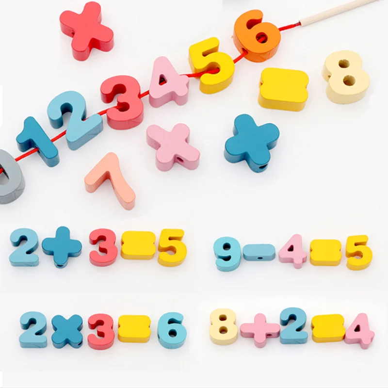 เด็ก Montessori ไม้ Lacing ของเล่น DIY ลูกปัดไม้เด็กการ์ตูนสัตว์ผลไม้ตัวอักษรดิจิตอลลูกปัด Threading ของเล่นของขวัญ