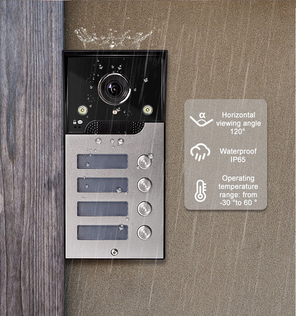 จอภาพ 7 นิ้ว 2/3/4 Apartment/ครอบครัววิดีโอประตูโทรศัพท์ระบบอินเตอร์คอมมุมกว้าง Doorbell กล้องกันน้ํา Access Control