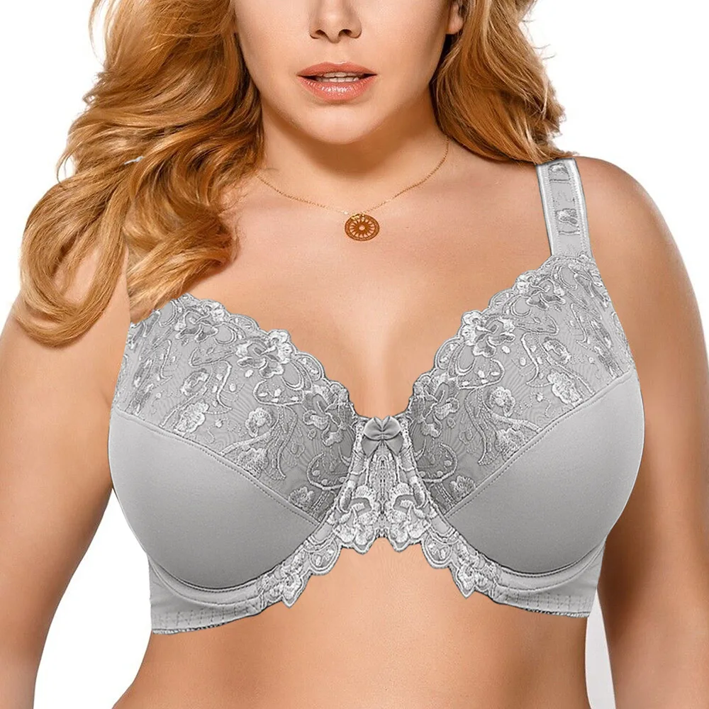 Sujetador de encaje para mujer, sujetadores reductores para mujer, copa completa, sin relleno, con aros, bordado Floral para mujer, sujetador de talla grande C D E F G H