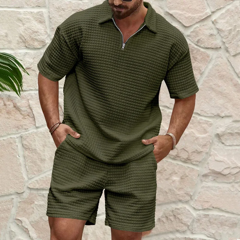 2024Europäische und amerikanische Herren-Frühlings- und Sommertrends Jugend Outdoor Revers Kleine karierte Kurzarm-Shorts Sportanzug