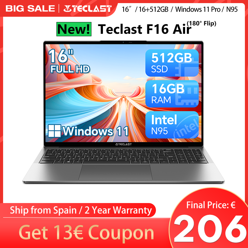 Teclast F16 Air 16 Inch Laptop, 180 Degree Flip, 16Gb+512Gb, for Intel N95 Cpu, Windows 11, Mini Hdmi, Backlit Keyboard