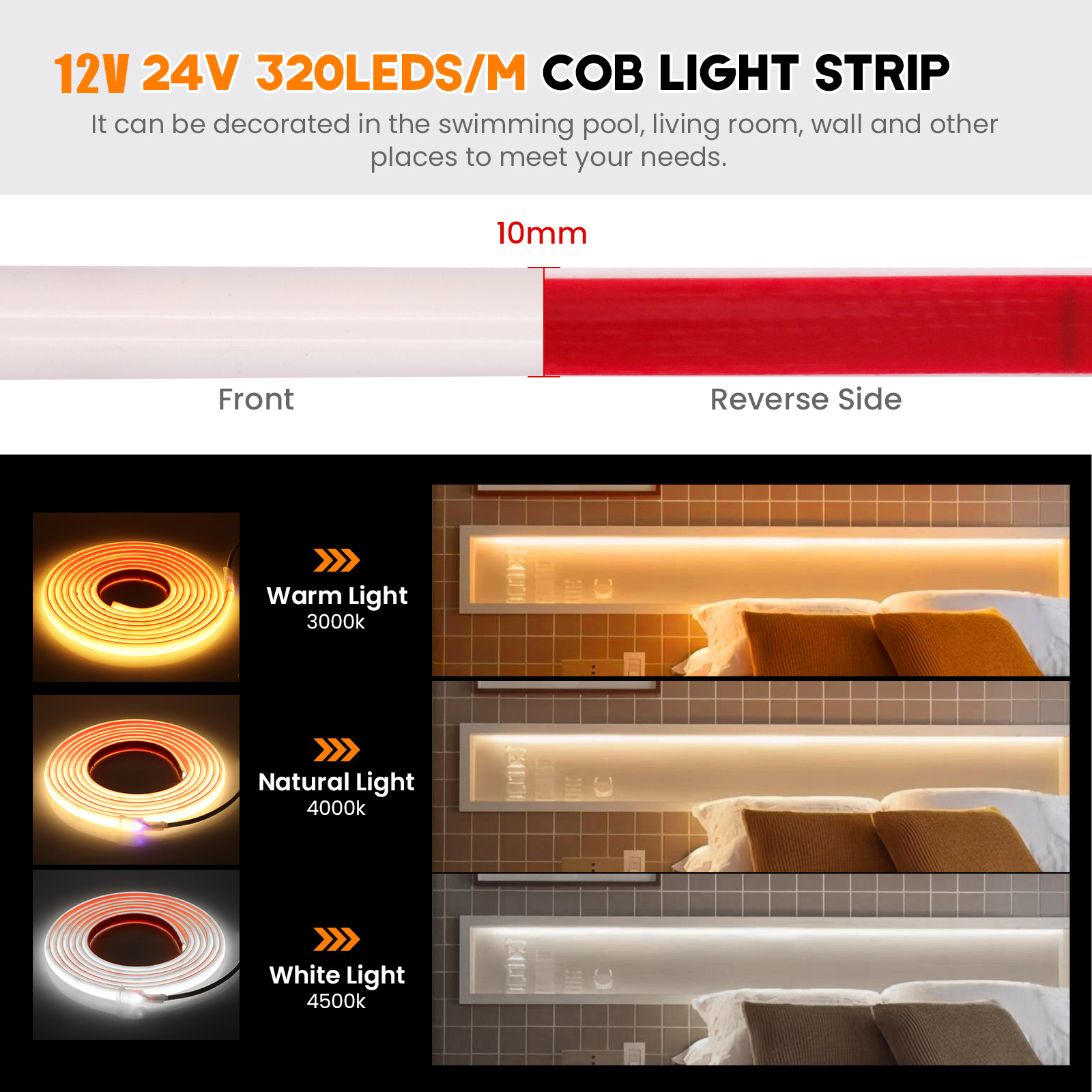 Tira de LED COB 12V 24V IP68 impermeable de alta densidad 320LEDs/m cinta LED COB Flexible luz de neón blanco rojo verde azul rosa amarillo