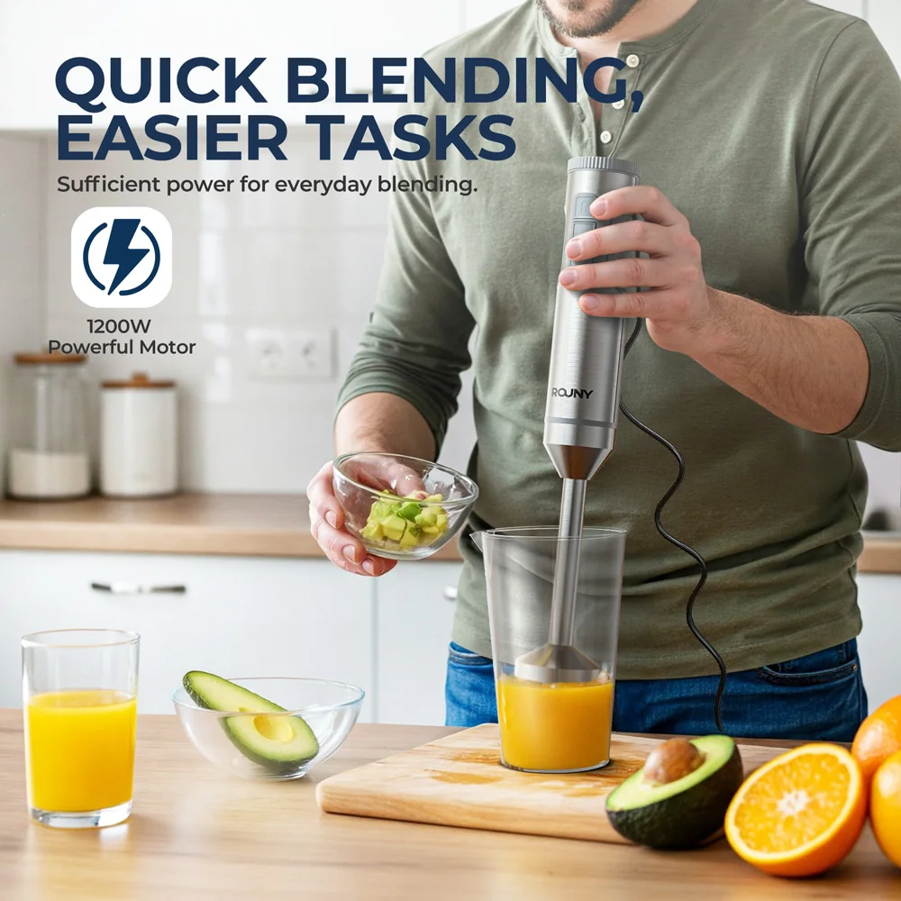 Frullatore ad immersione manuale Potente 4 in 1, robot da cucina con bastoncino in acciaio inossidabile, vaso di miscelazione da 700 ml, processore da 500 ml, frusta