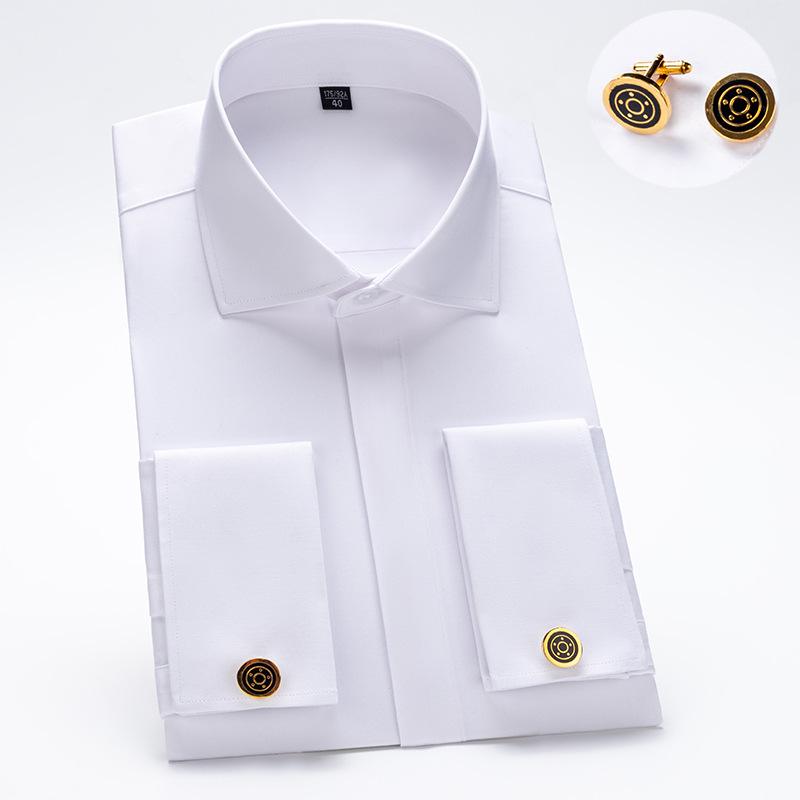 Camisa de vestir con puños franceses y cuello Windsor, camisas formales de negocios de lujo de manga larga a la moda para hombre, camisa con gemelos y botones cubiertos
