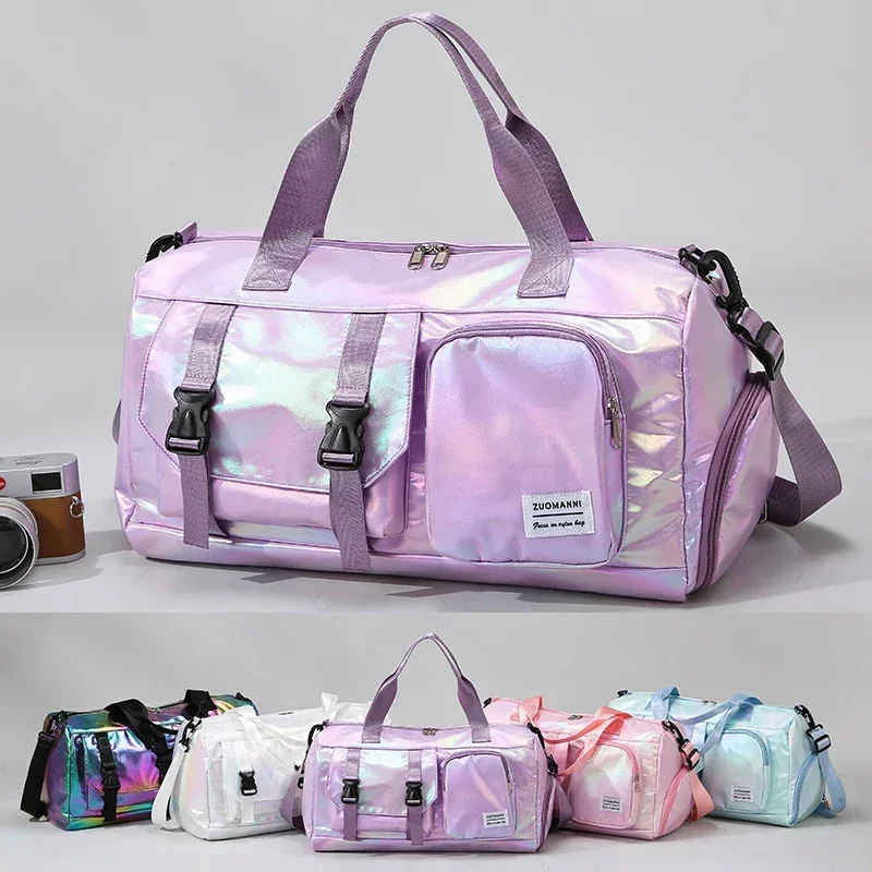 Bolsa polo holográfica glamour – sacola de ombro espaçosa e elegante com compartimento para sapatos para escapa de fim de semana sem esforço -