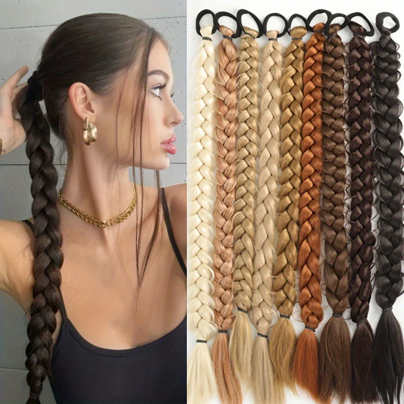 Extensiones de cabello de cola de caballo trenzadas de largo sintético de 24 pulgadas para mujeres con accesorios para el cabello con banda elástica