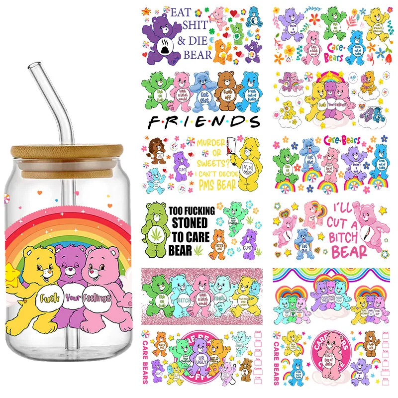 Oso lindo de dibujos animados 16OZ UV DTF taza envolturas pegatina de transferencia para vidrio Libbey lata botella autoadhesiva lavable DIY personalizado