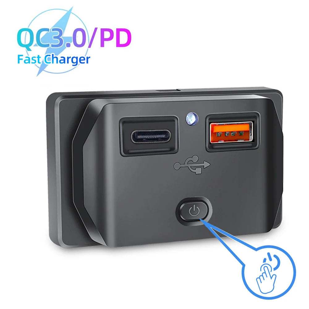 PD Typ C QC 3.0 USB-Schnellladebuchse mit Schalter, LED-Licht, Steckdose, Schnellladung für 12 V, 24 V, Auto, Motorrad, Wohnmobil, Boot