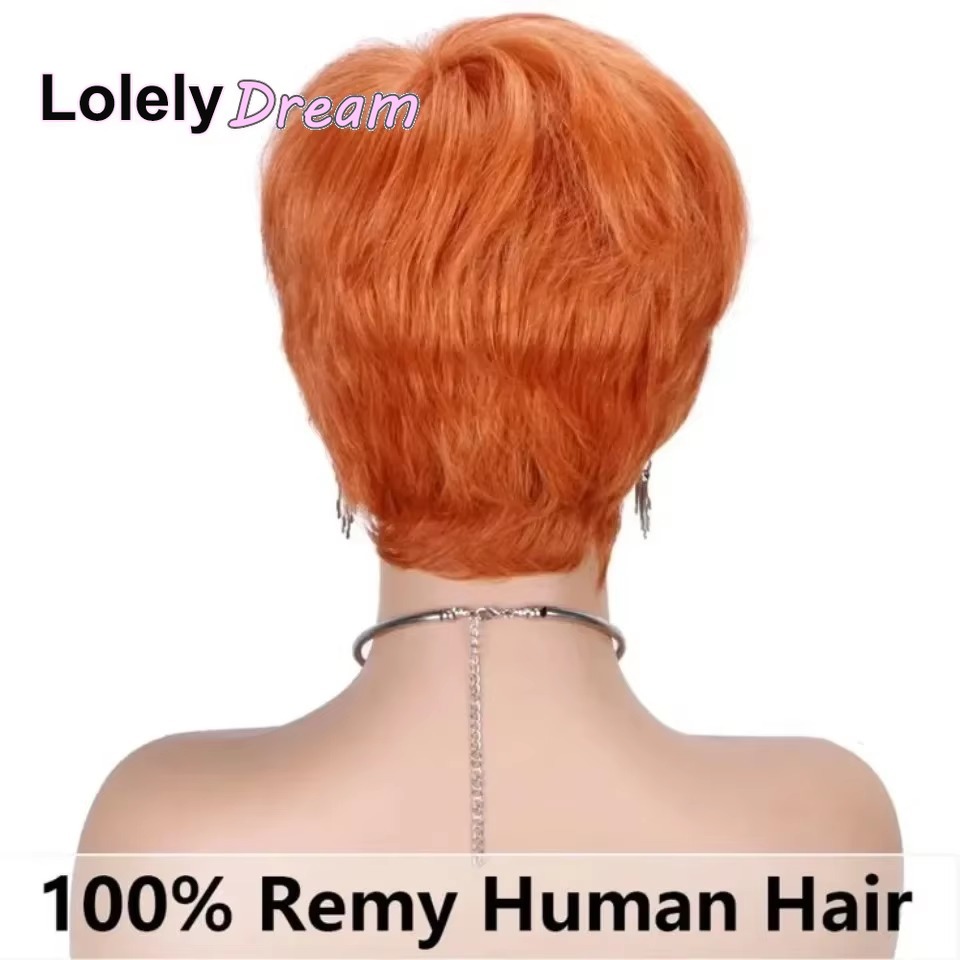 Lolely sonho máquina feita feminina curto laranja gengibre 100% peruca de cabelo humano com franja remy peruca reta em camadas pixie corte bob peruca