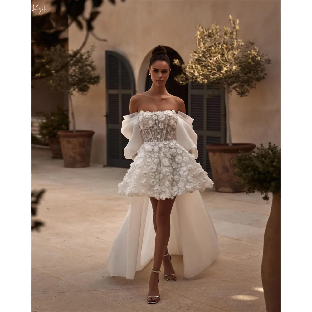 Customize White Mini 3D Flowers With Pearls Wedding Dress Detachable Puffy Sleeve And Train vestidos de novia A-line After Party