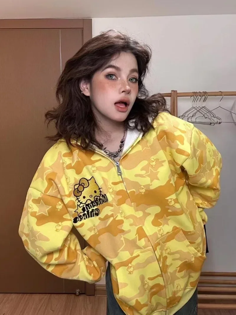ストリート女性オリジナルサンリオハローキティジップパーカーガールルーズキャンパスカップルカーディガンコート Y2k 服特大トレーナー