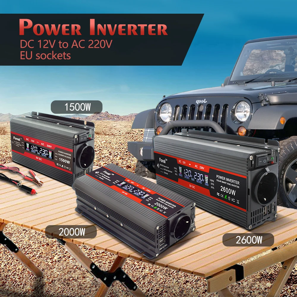 Inversor De Corriente Para coche, convertidor De Corriente De 12V y 220V con pantalla LCD automática, toma Universal De la UE