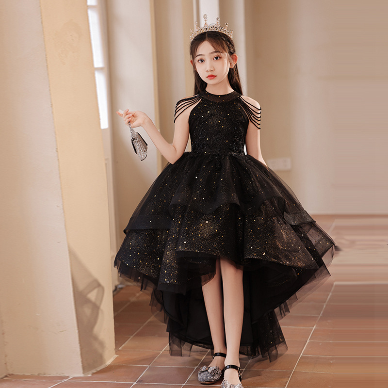 3 스타일 여자 공주 드레스 3-8T 라이트 럭셔리 홀터넥 구슬 오프 어깨 Tassels 댄스 파티 드레스 골든 스팽글 꽃의 소녀 드레스