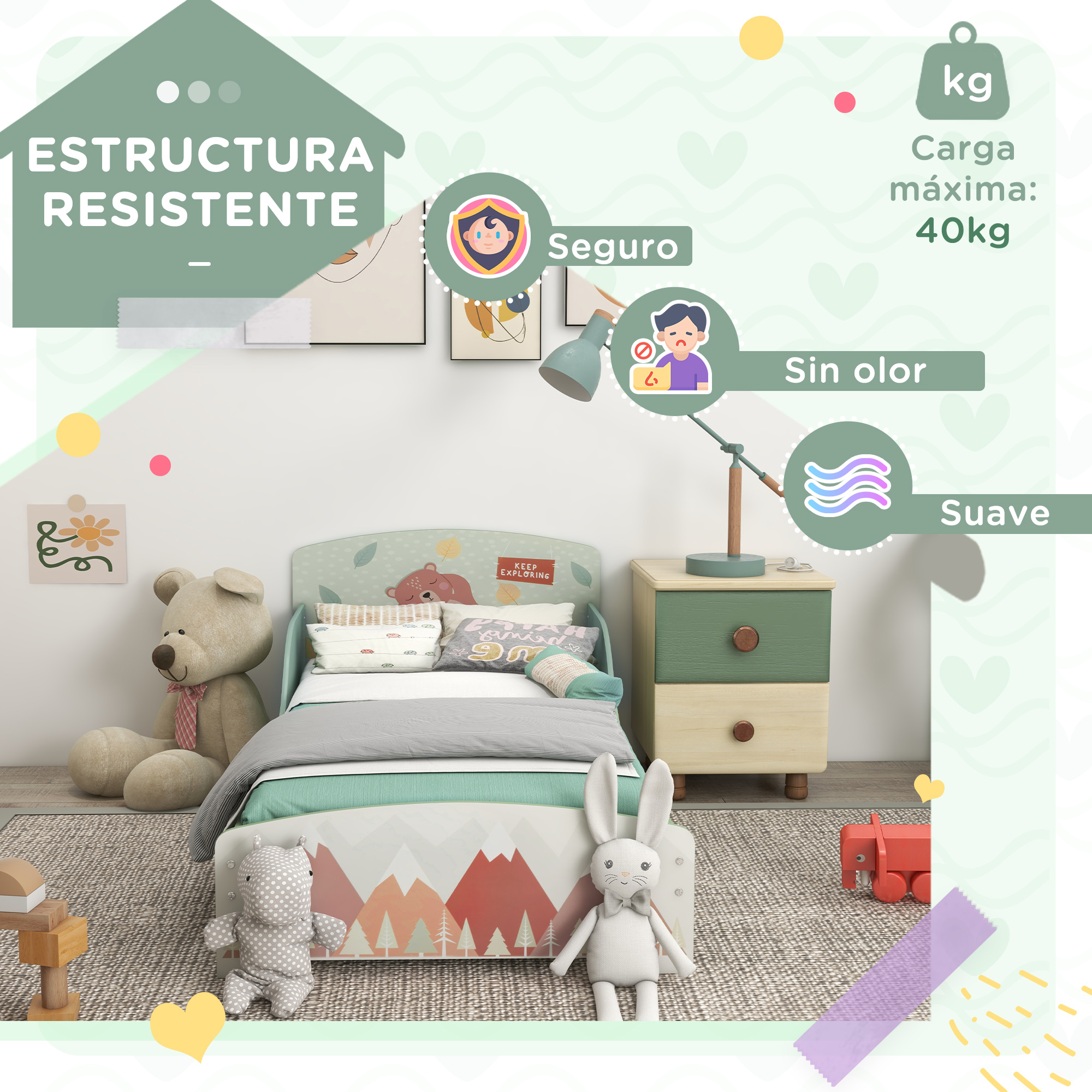 ZONEKIZ Cama Infantil de Madera 143x77x60 cm para Niños de 3-6 Años Carga 40 kg