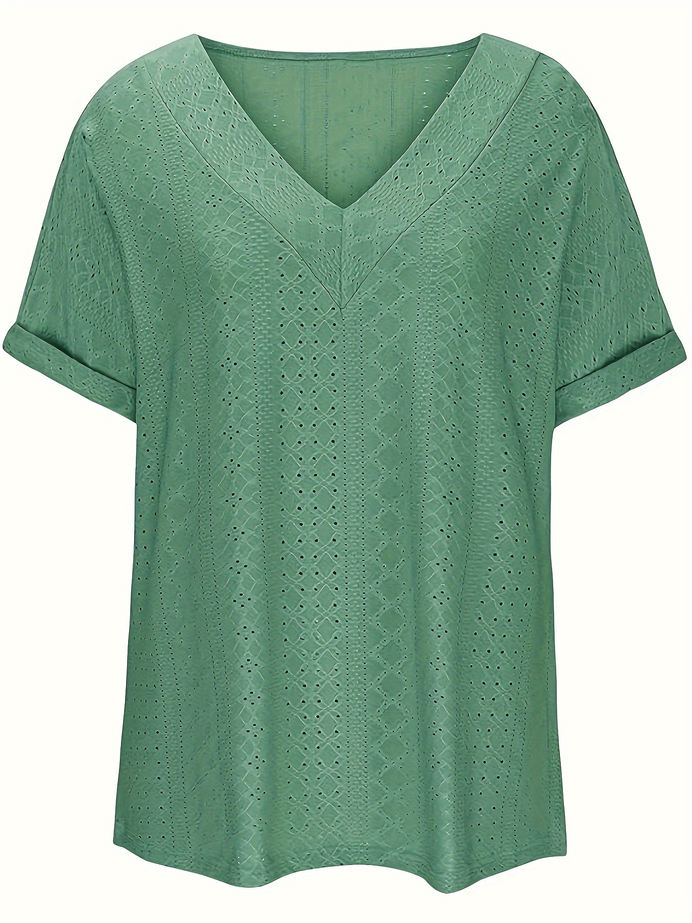 Plus Size Solid V Neck T-Shirt, Elegant Short Sleeve T-Shirt For Spring & Summer, Women's Plus Size Clothing