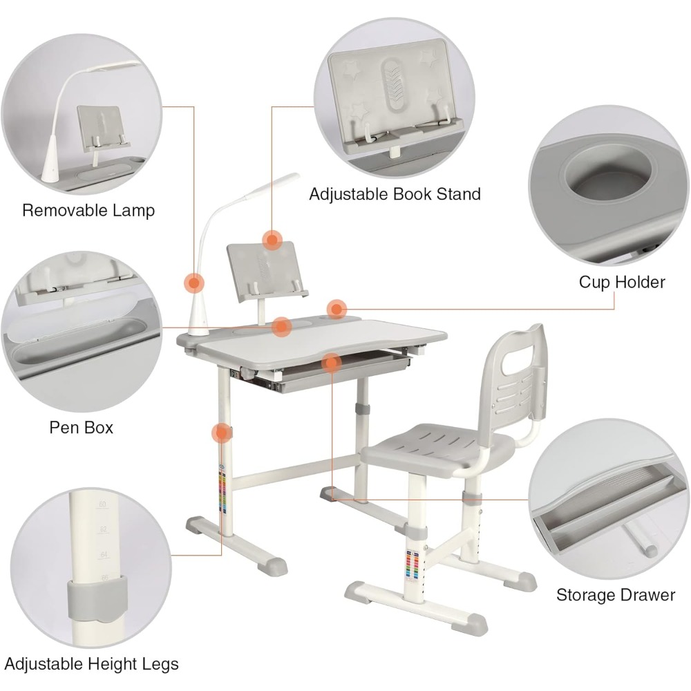 Height-Adjustable Kids Desk and Chair Set for Home Study with Storage, LED Light, Cup Holder, and Bookstand